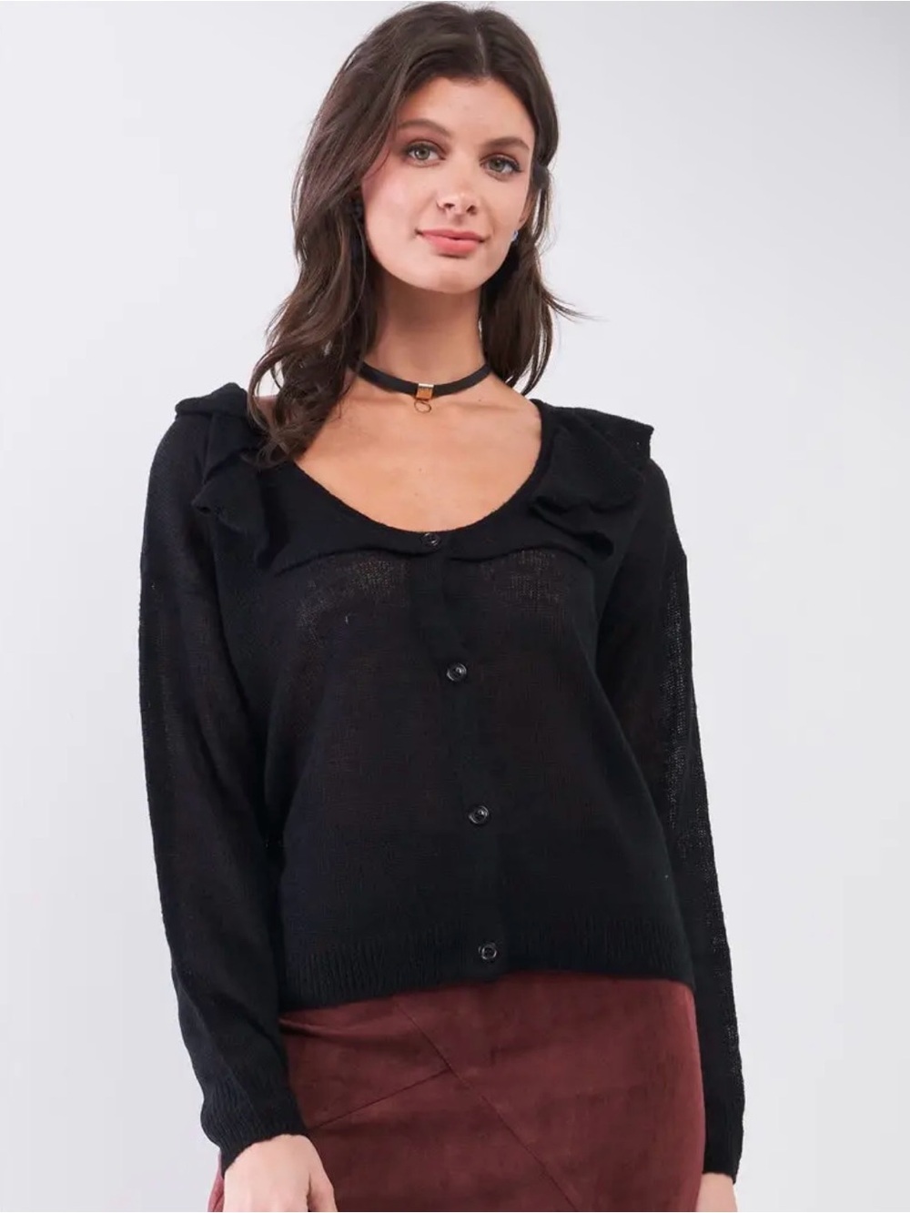 Black Ruffle-Collar Button-Front Sweater
